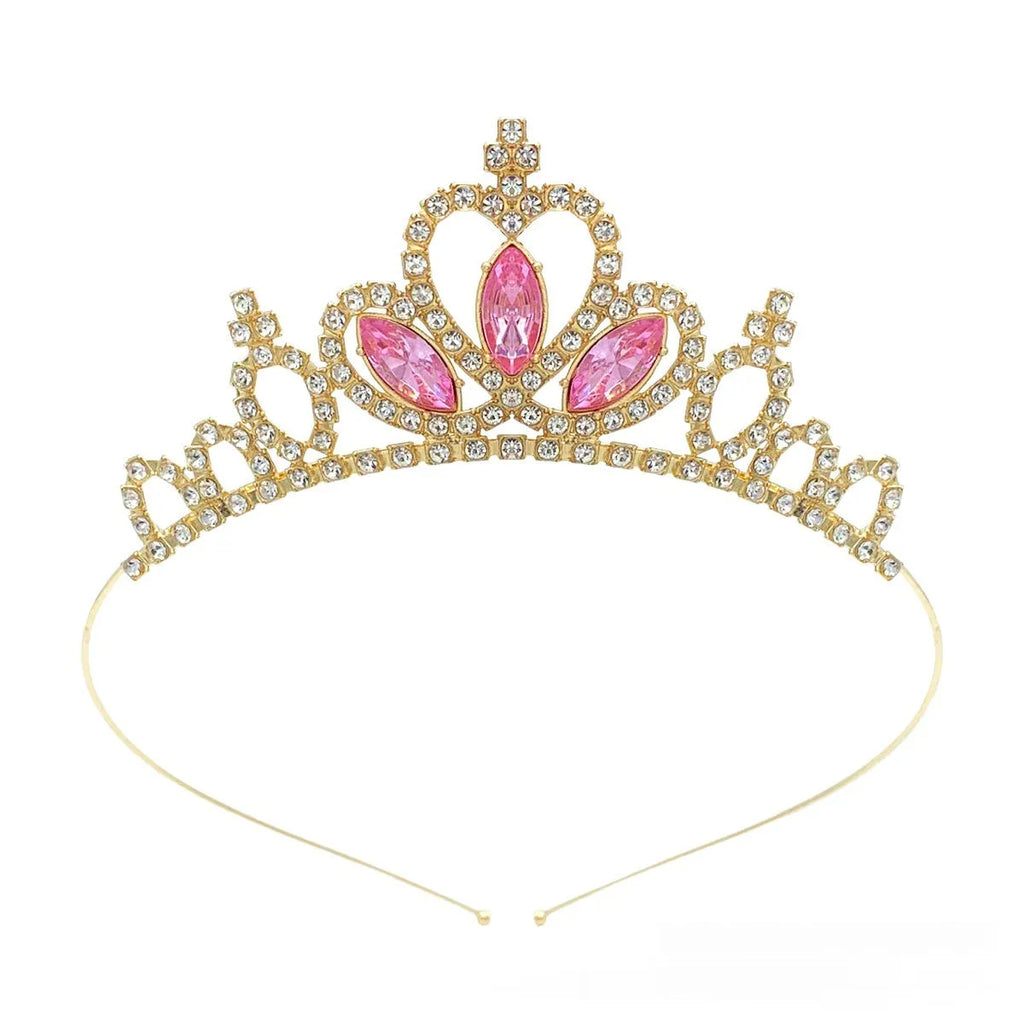 Gold and silver electroplated alloy princess crown headdress for girls with coloured diamond embellishments.