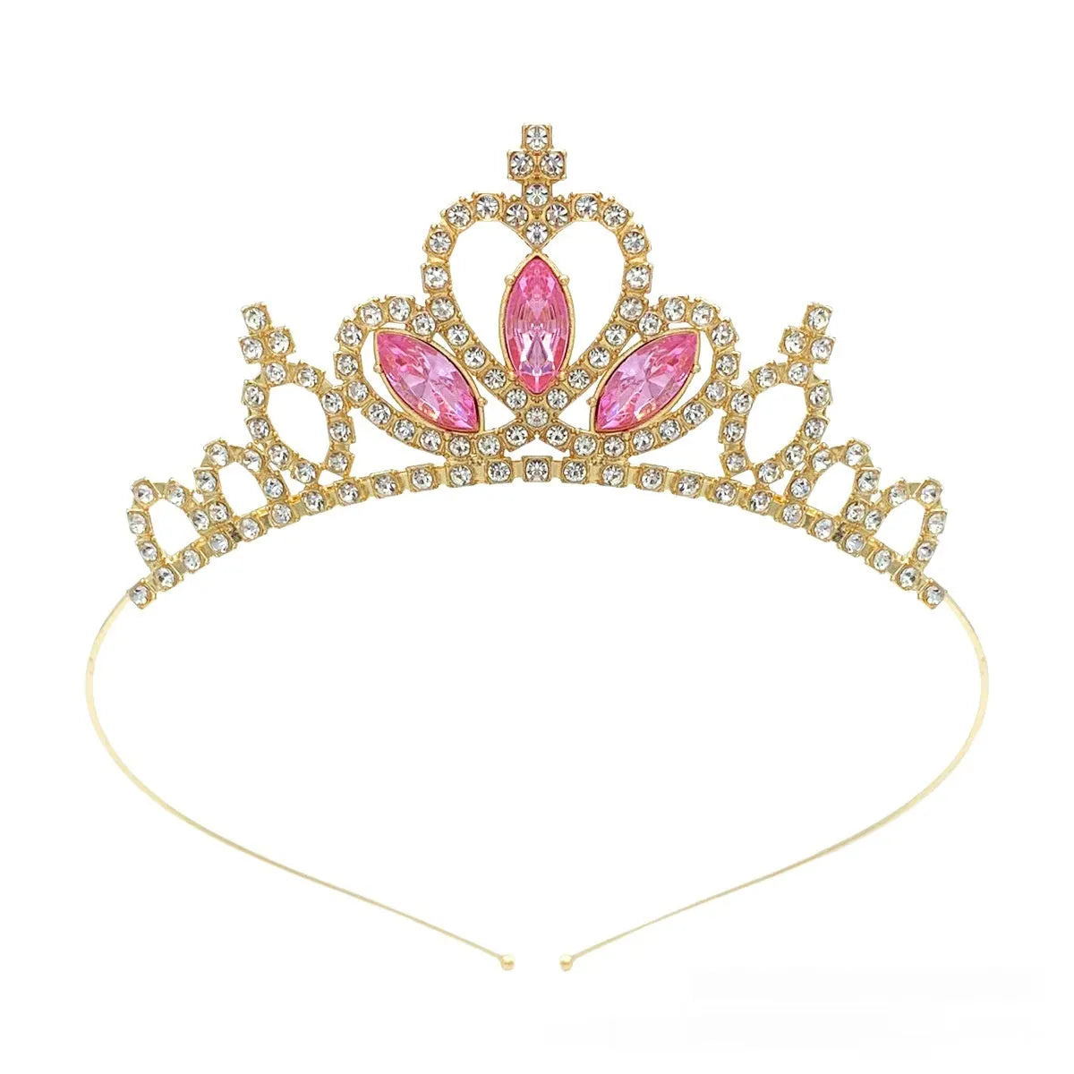 Gold and silver electroplated alloy princess crown headdress for girls with coloured diamond embellishments.