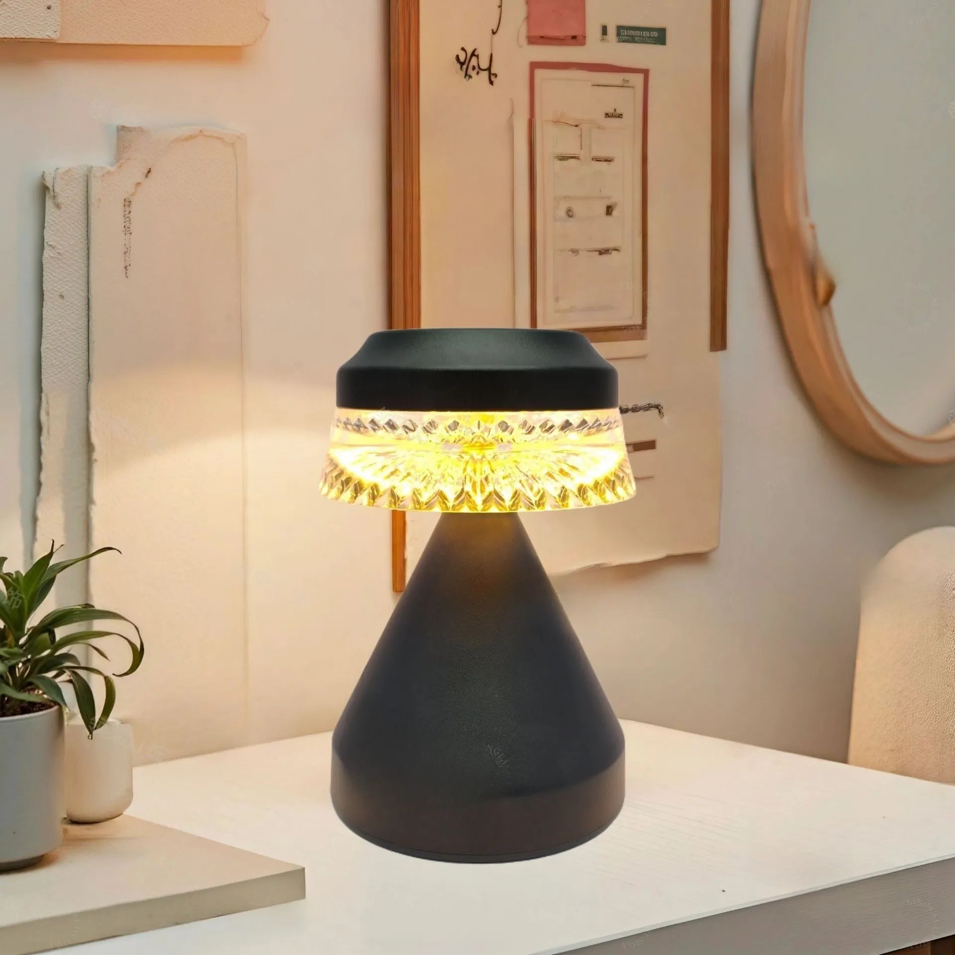 Black USB-powered LED night lamp with dimming control on wooden bedside table