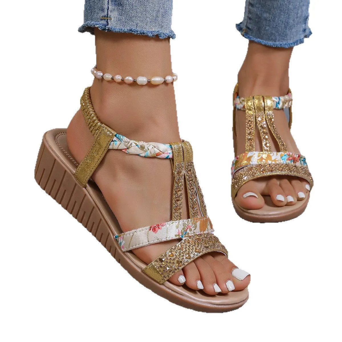 Bohemian wedge peep toe sandals women's slip-on low top PU sole non-slip wedge heel fish mouth toe gold colour size 37