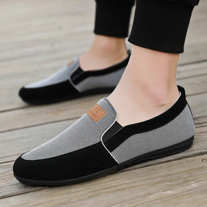 Men's grey and khaki canvas casual shoes with round toe design and rubber soles