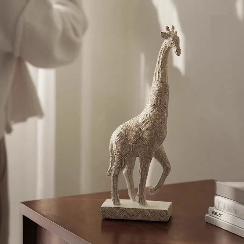 Wood colour synthetic resin giraffe ornament on a surface, showing European style and size scale.
