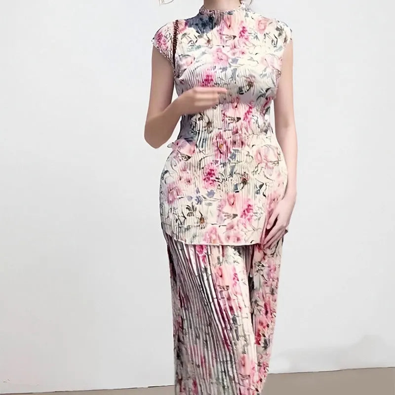 Women's long sleeve printed chiffon dress set with high waist skirt.
