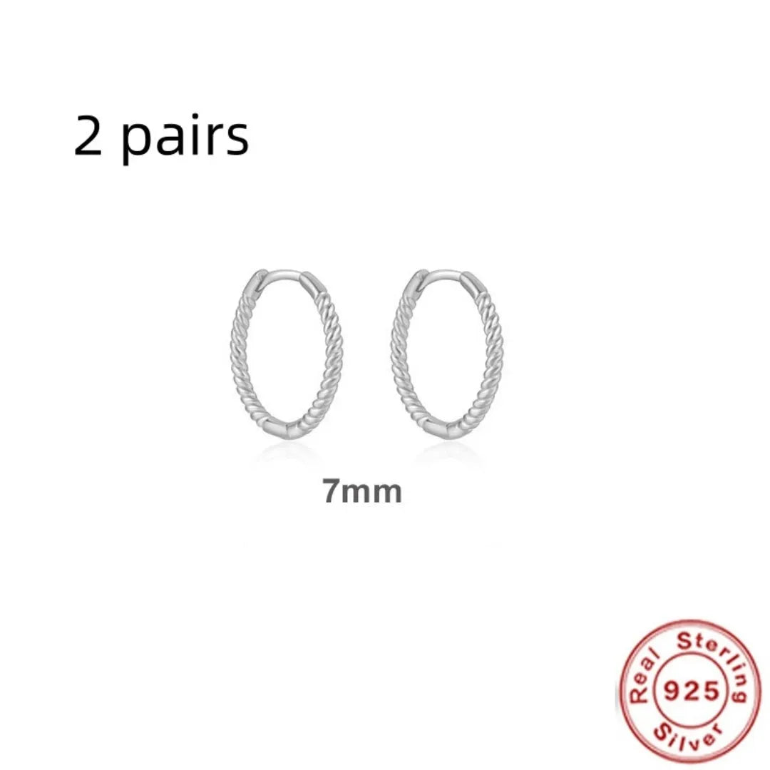 S925 Sterling Silver twisted string round ring earrings in gold or white gold plating, showing geometric design.