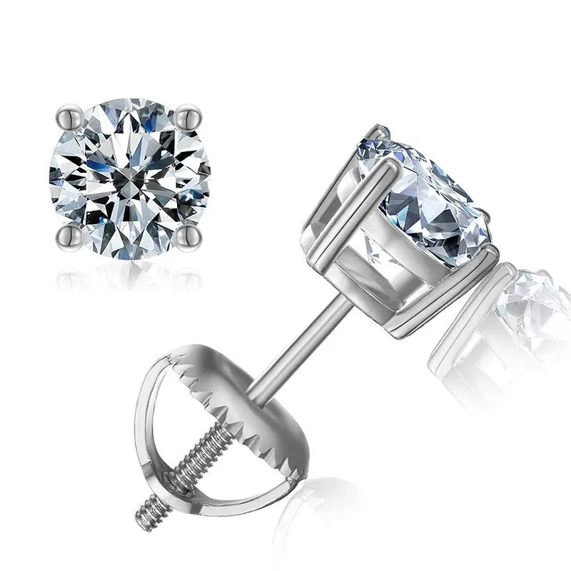 Silver geometric screw-back stud earrings with moissanite stones in four-claw setting