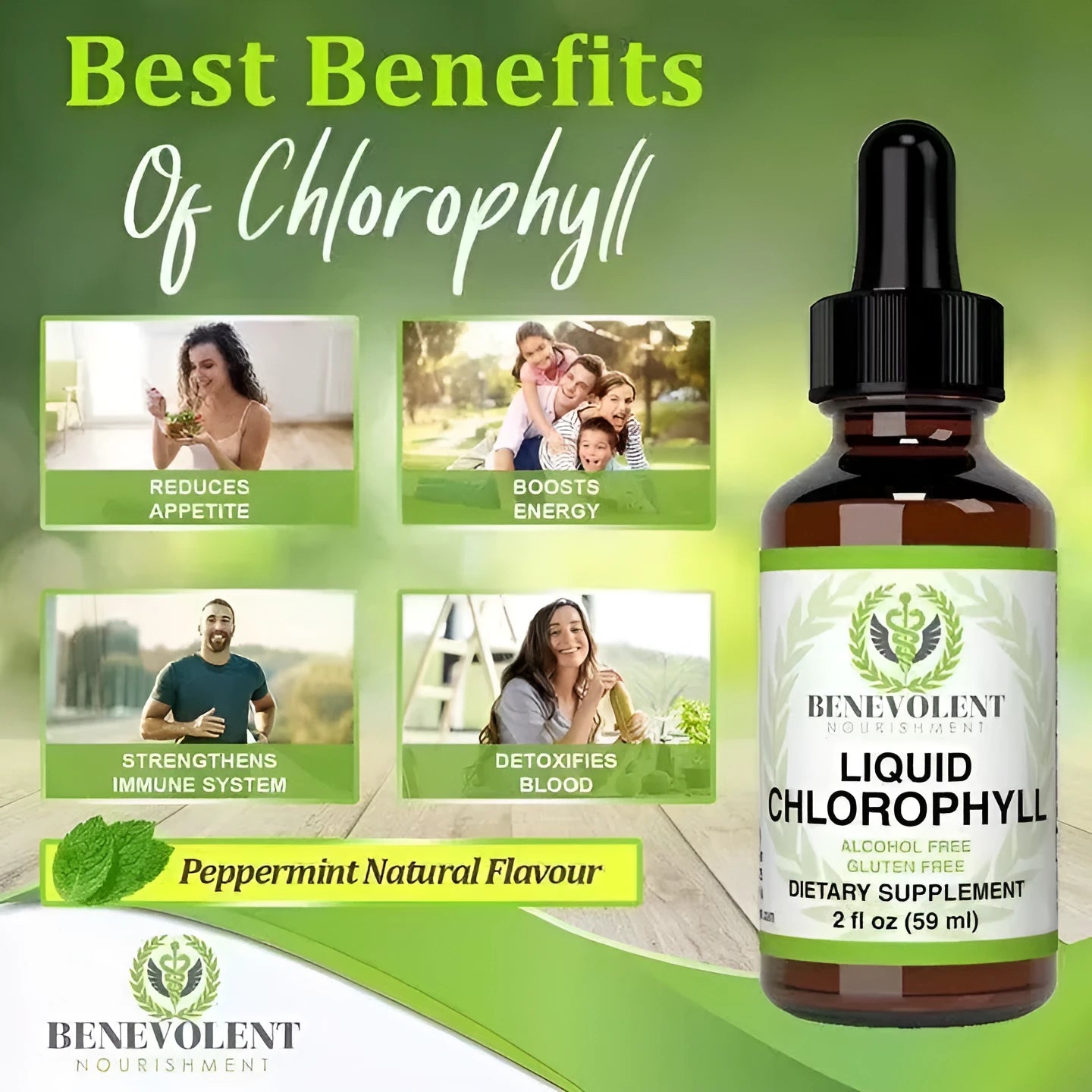 60ml bottle of liquid chlorophyll drops with dropper for adult body odor and intestinal care