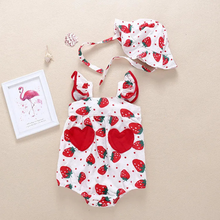 Cotton summer baby romper triangle jumpsuit in yellow with removable hat on white background