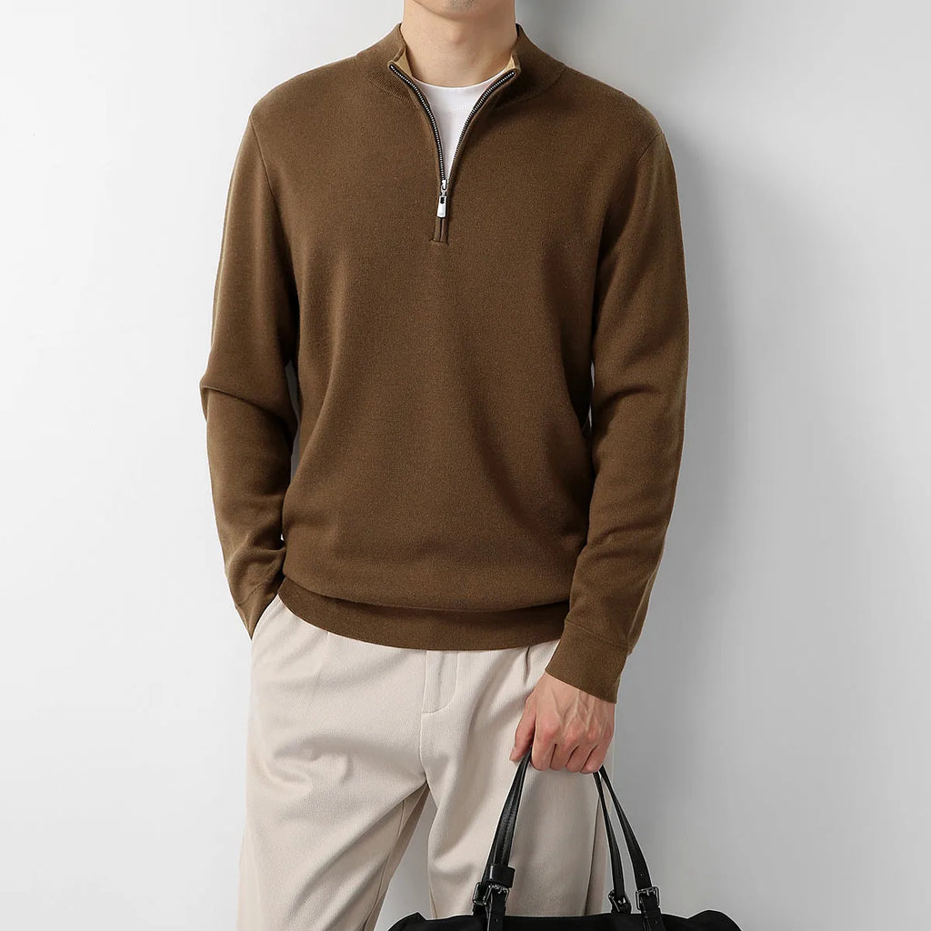 Men's merino wool zip stand collar sweater in regular fit, long sleeves, available in multiple colours