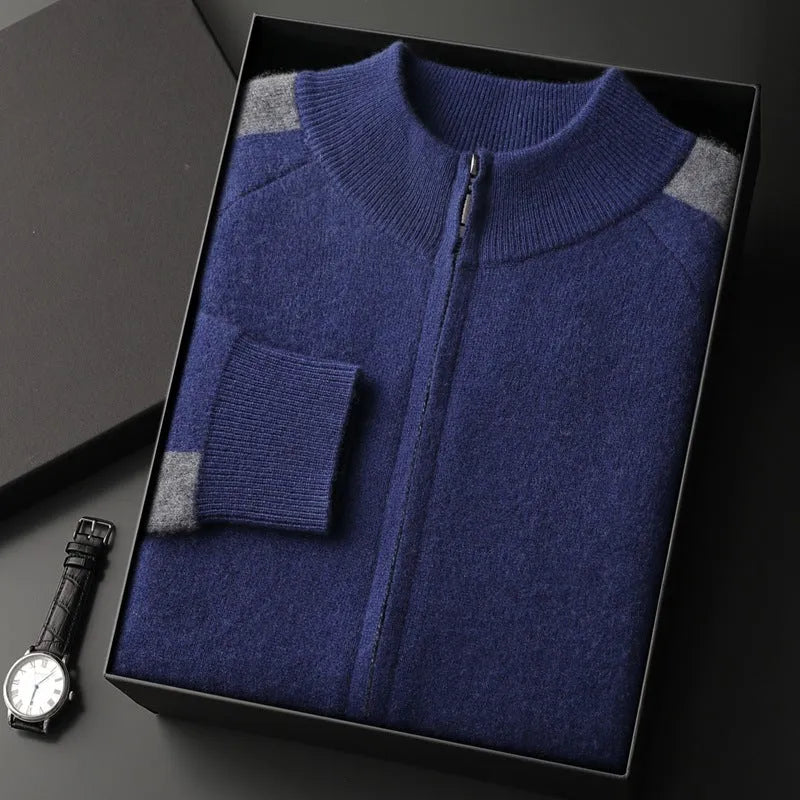 Men's navy blue cashmere blend knitted cardigan suit with half turtleneck zip and matching trousers