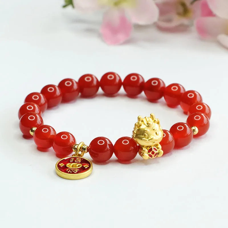 Red agate dragon zodiac bracelet with 8mm beads in Chinese style