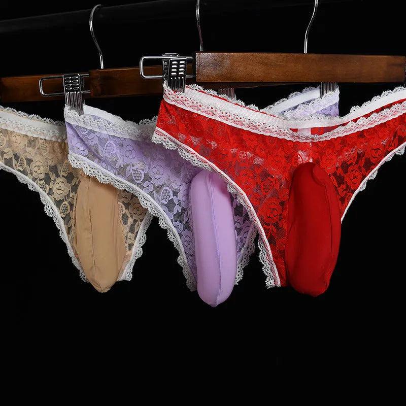 Men's lace underwear with vertical bag egg design in low-waist triangle briefs