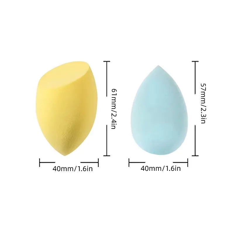 Assorted makeup sponges in seven shapes including pear and peach heart designs, 60x42mm, non-latex material