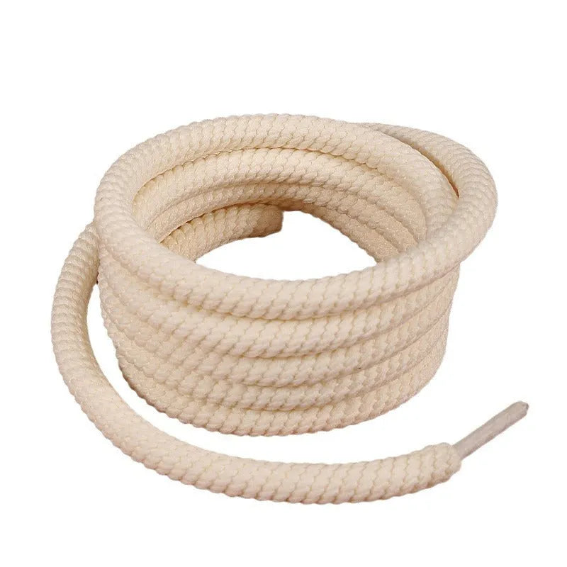 Round woven shoelaces for bread shoes in white, beige and black colours showing length options