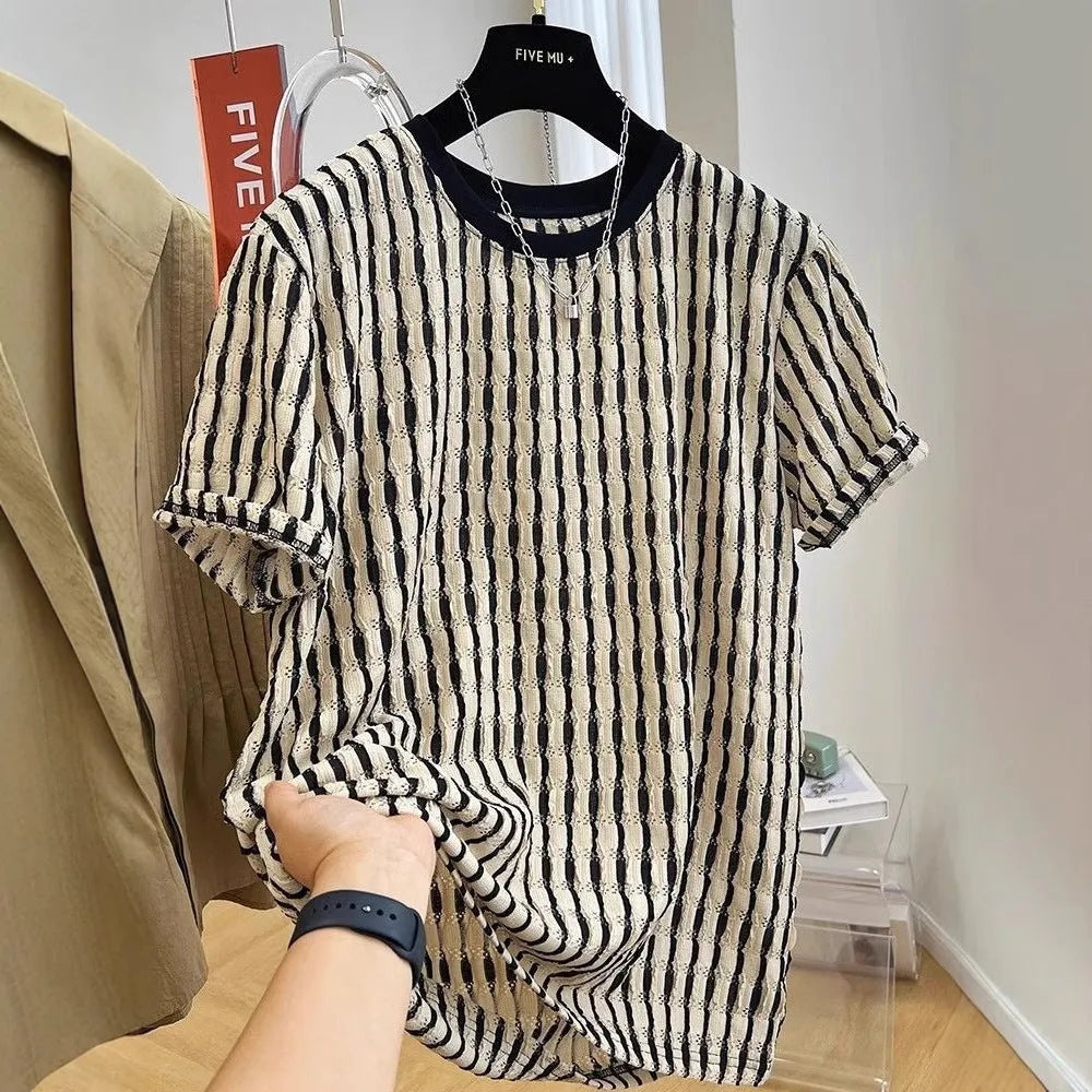 Black men's casual shirt with white stripes, loose fit with short sleeves, made from silk and linen.