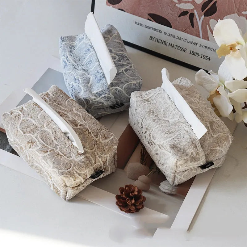 Chinese style pastoral cotton fabric tissue box in beige, blue or brown, 17x11x7cm.