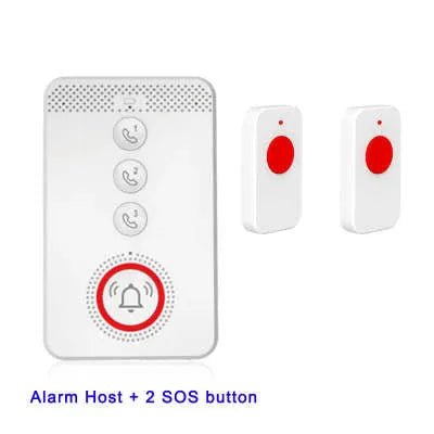 White emergency alert device with buzzer unit and three wireless emergency buttons