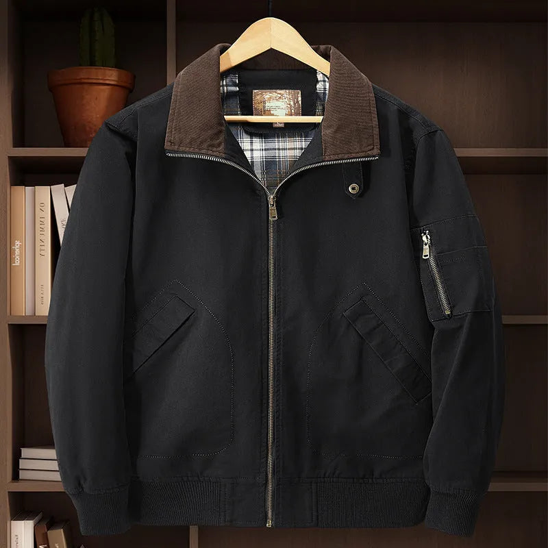 Men's plus size washed cotton baseball jacket shown in Camel colour on a hanger.