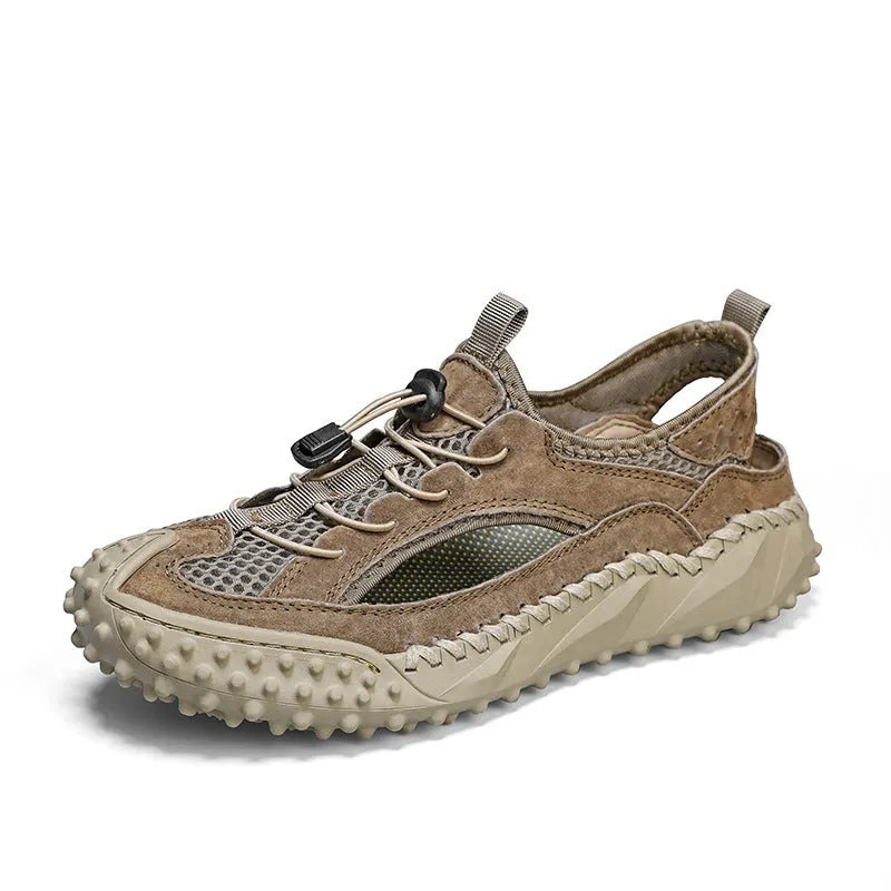 Men's black waterproof sports sandals with leather mesh upper and rubber sole