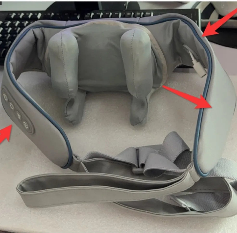 Grey elastic fabric USB neck and back massager with two speed settings and infrared function.