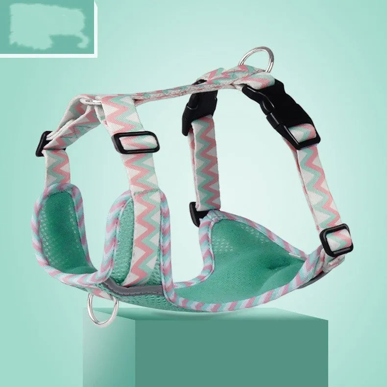 Reflective dog hand holding rope vest harness in mountain blue with stripe