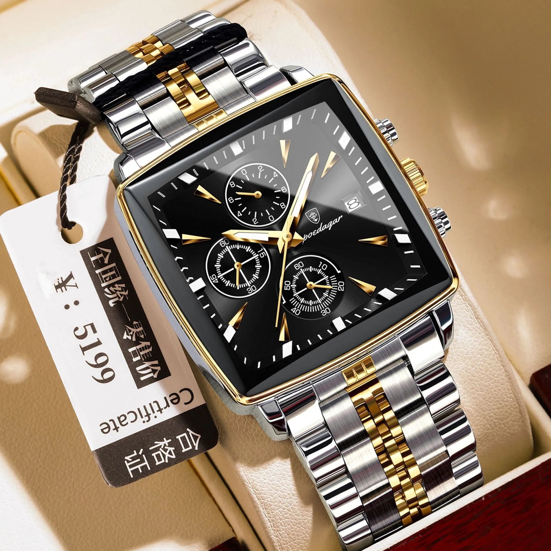 Square men's business watch with stainless steel strap and mineral glass face