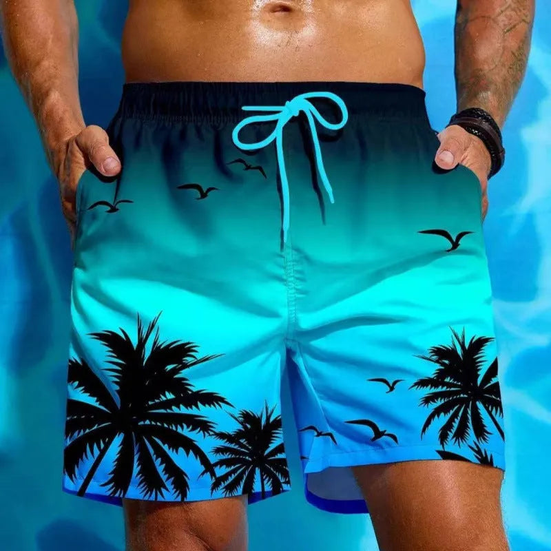 Man's ethnic style loose fit swimming trunks in a solid colour on a neutral background.