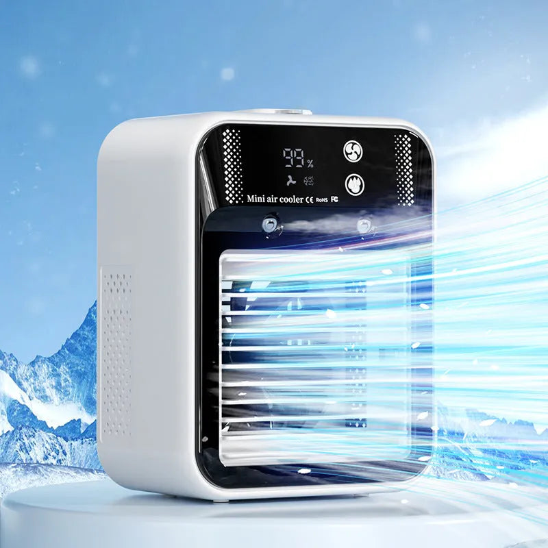 Ivory white portable air cooler with water cooling and atomization, USB powered, touchscreen control, 25W
