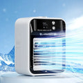Ivory white portable air cooler with water cooling and atomization, USB powered, touchscreen control, 25W