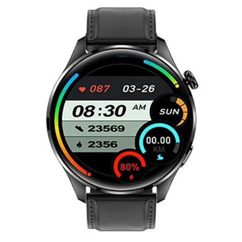 Smart watch with round colour screen and black silicone strap, showing Bluetooth calling interface.