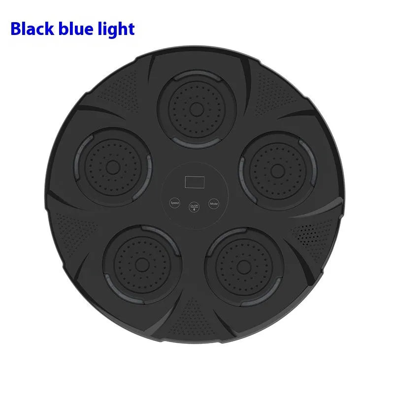 Wall-mounted smart boxing trainer sandbag with LED lights on black ABS surface, showing mounting brackets.