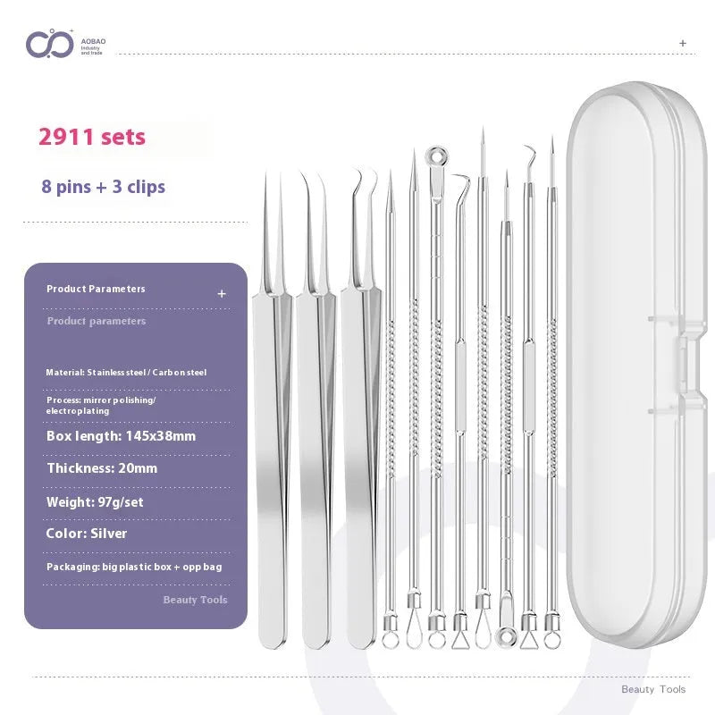 Four-piece silver metal acne needle set with fine-pointed needles and a clip for skin blemish removal.