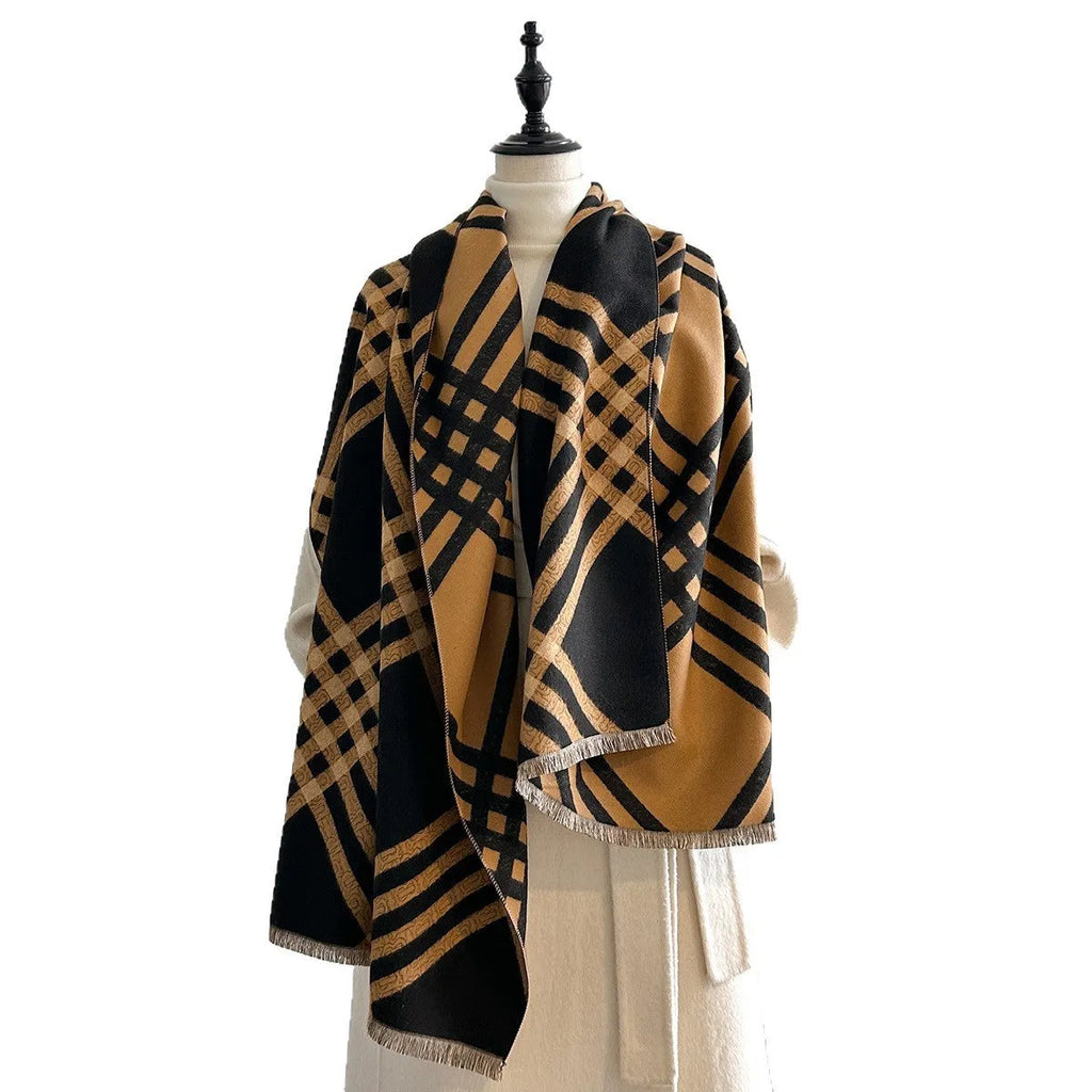 Imitation cashmere scarf with tassels in four colour options on mannequin