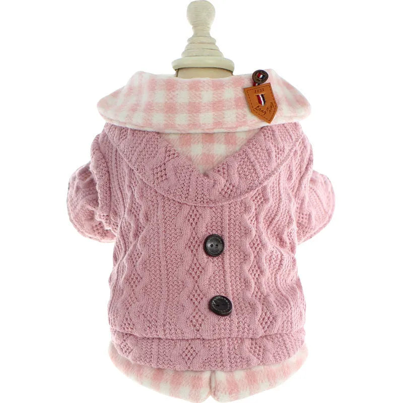 Blue wool plaid dog sweater with fleece lining on a small dog