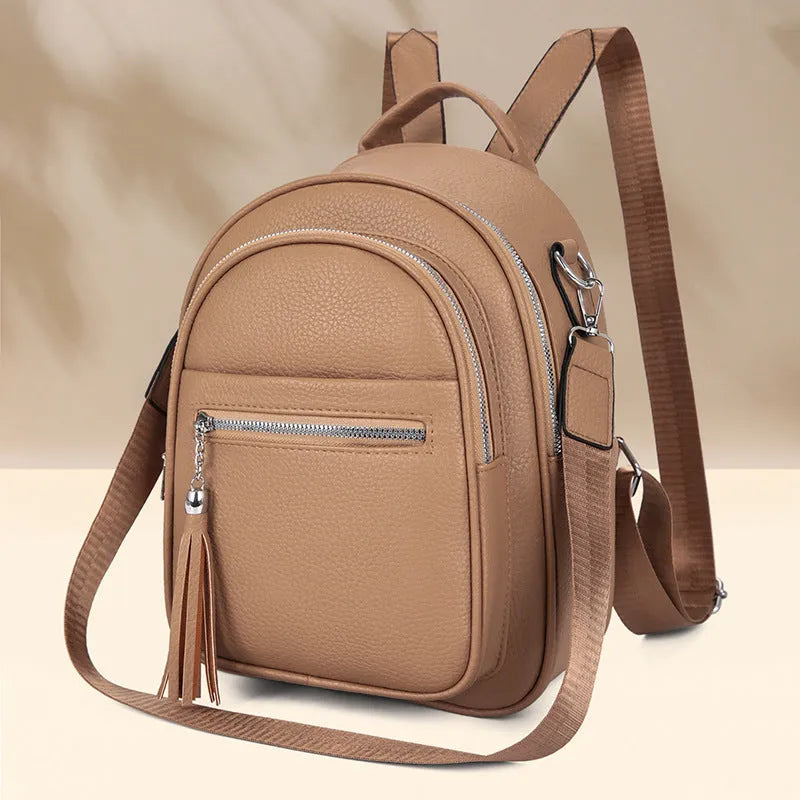 Simple large capacity casual backpack for women in khaki, PU material, with outer pocket and sewing thread detail