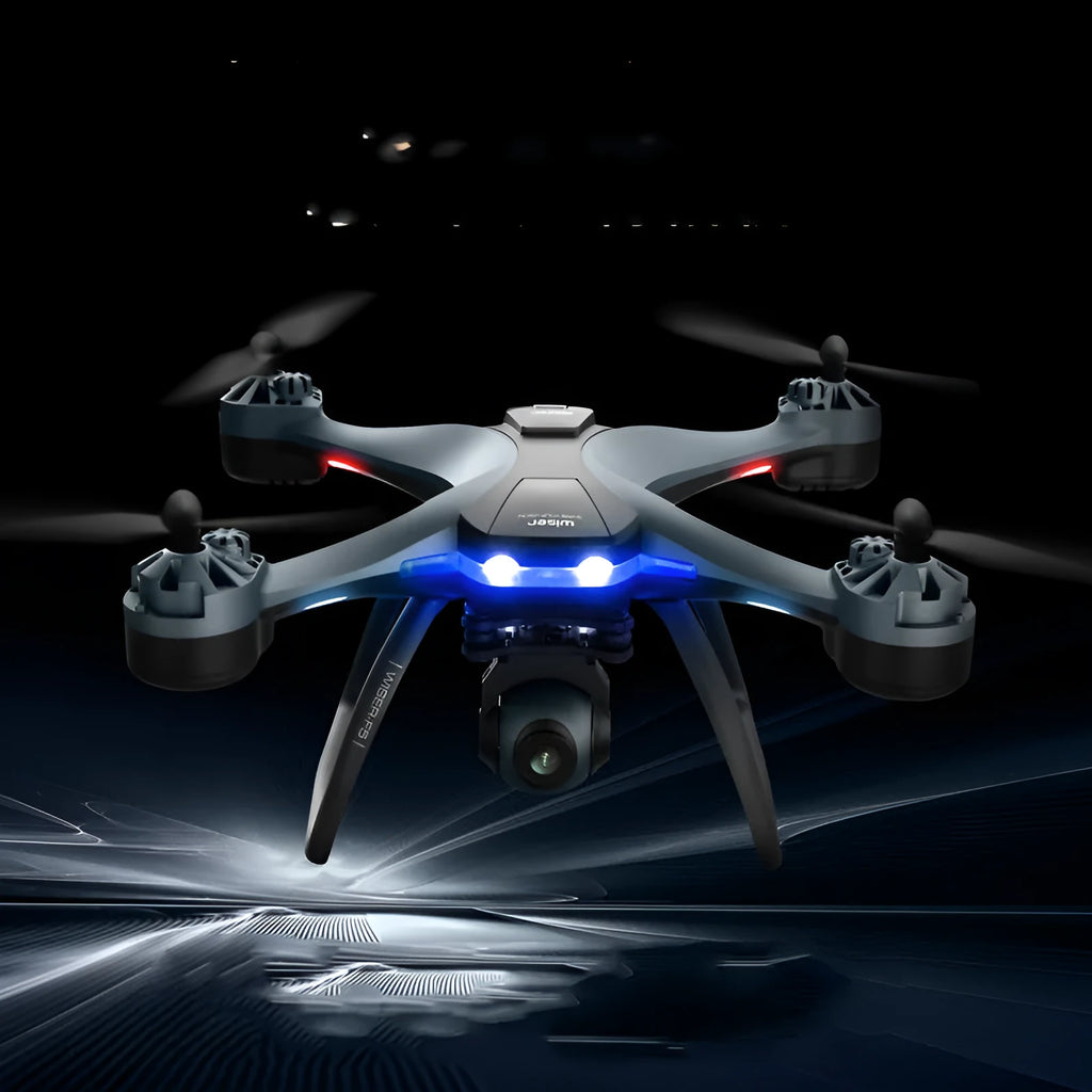 GPS quadrocopter drone with dual cameras, remote controller, spare blades, and landing gear on white background