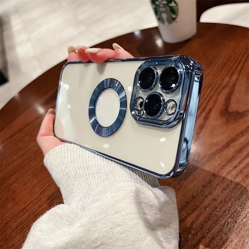 Transparent TPU phone case with electroplated CD pattern for iPhone 14 and 15 series