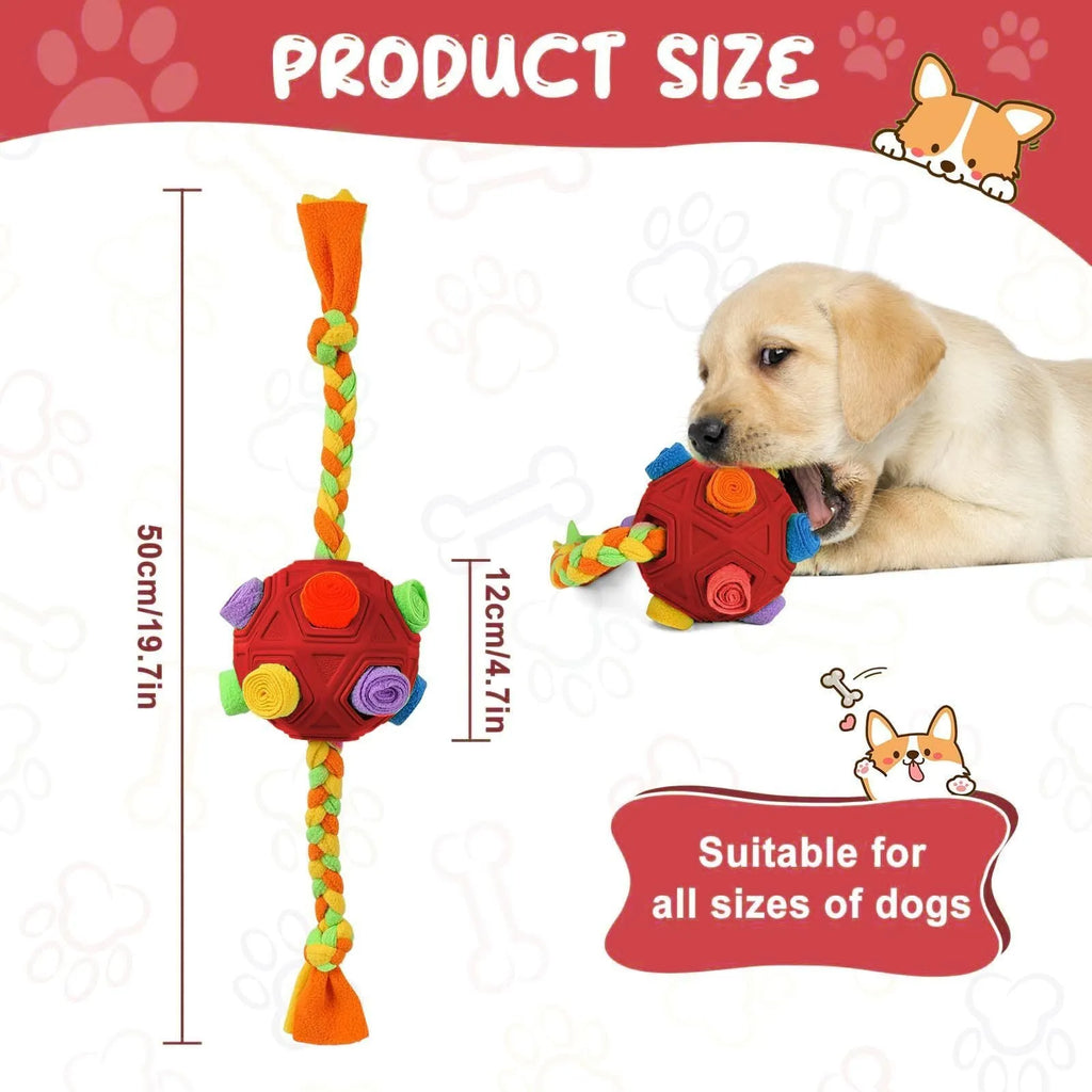 TPE sniffing ball dog puzzle toy showing textured surface with openings for treat dispensing