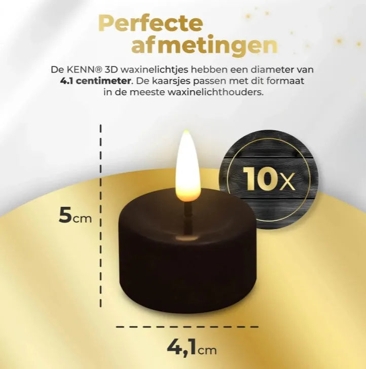 Four black S10 LED tealight candles showing dimensions and flameless LED lighting