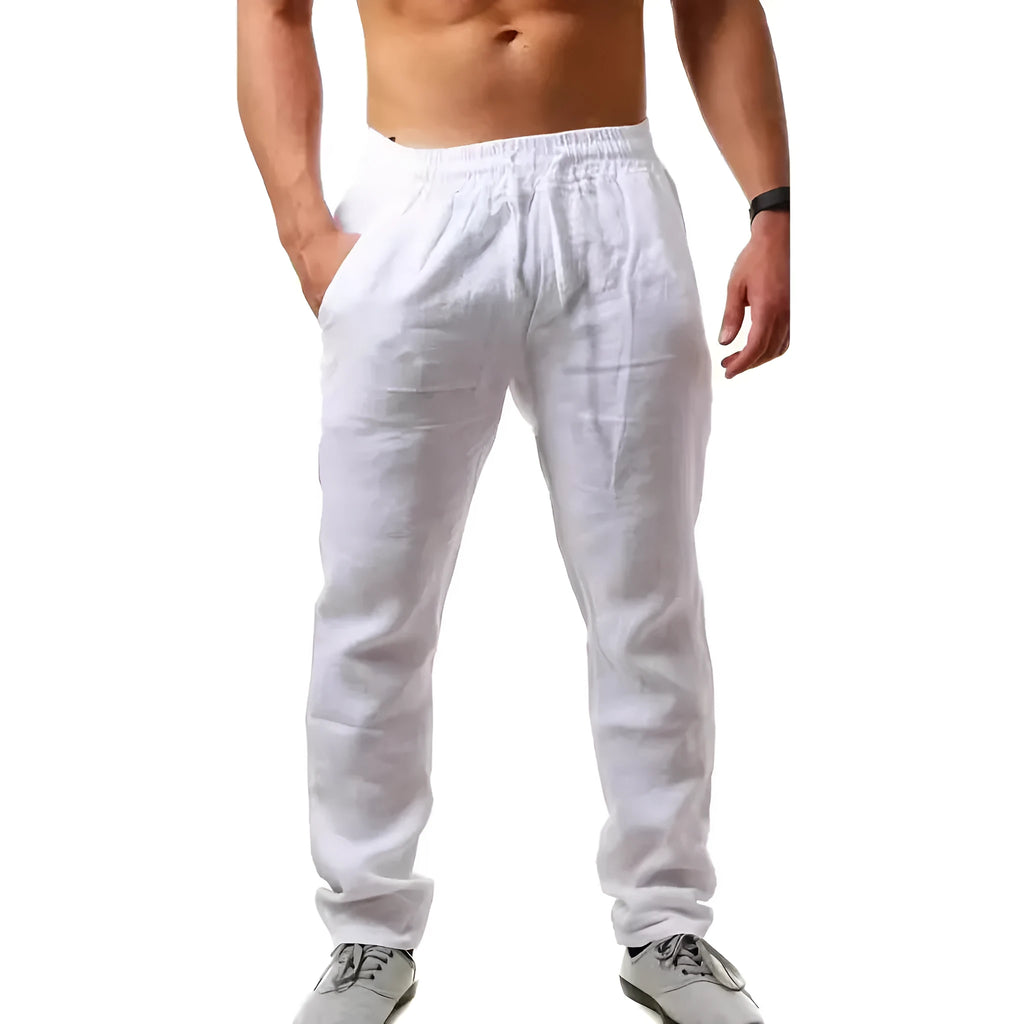 Men's cotton and linen beach pants in khaki, loose fit with drawstring waist, solid colour design