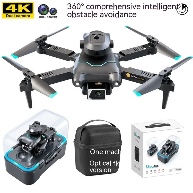Black S96 quadcopter drone with four propellers and a camera, shown on a stand.
