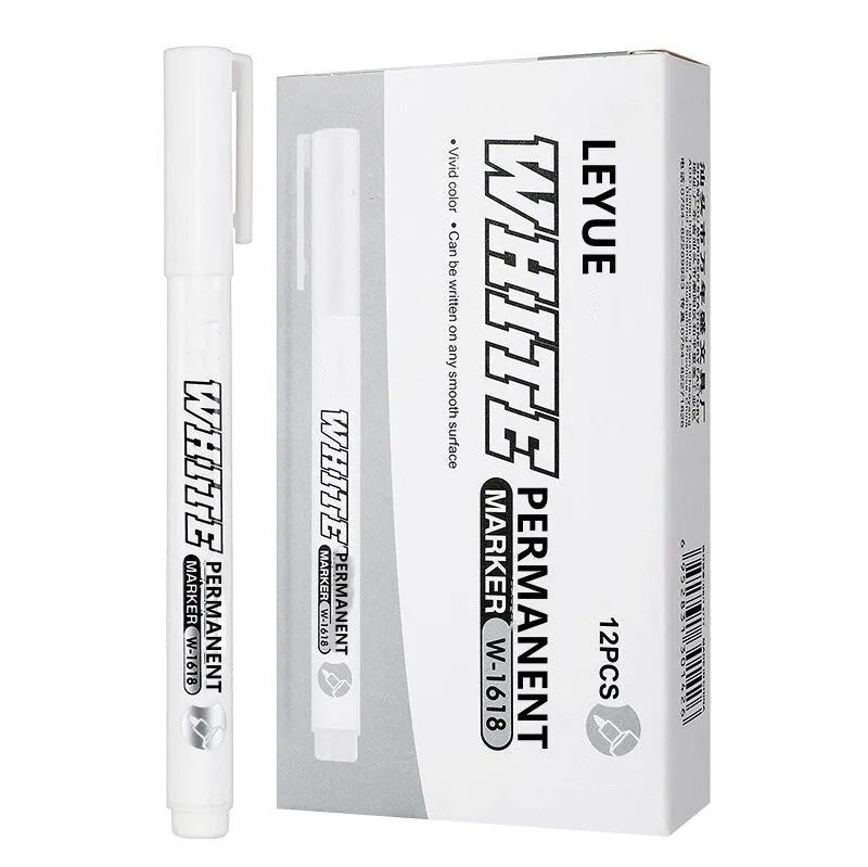 Super White Dazzling fine head painting pen with 2.8mm thick white tip, 14cm length, on dark surface