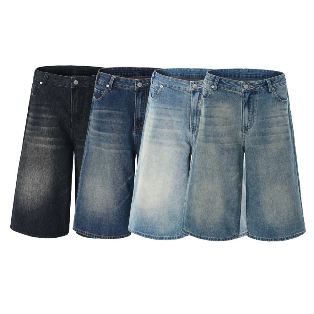 Men's loose fit straight-leg denim shorts in light blue on a plain background