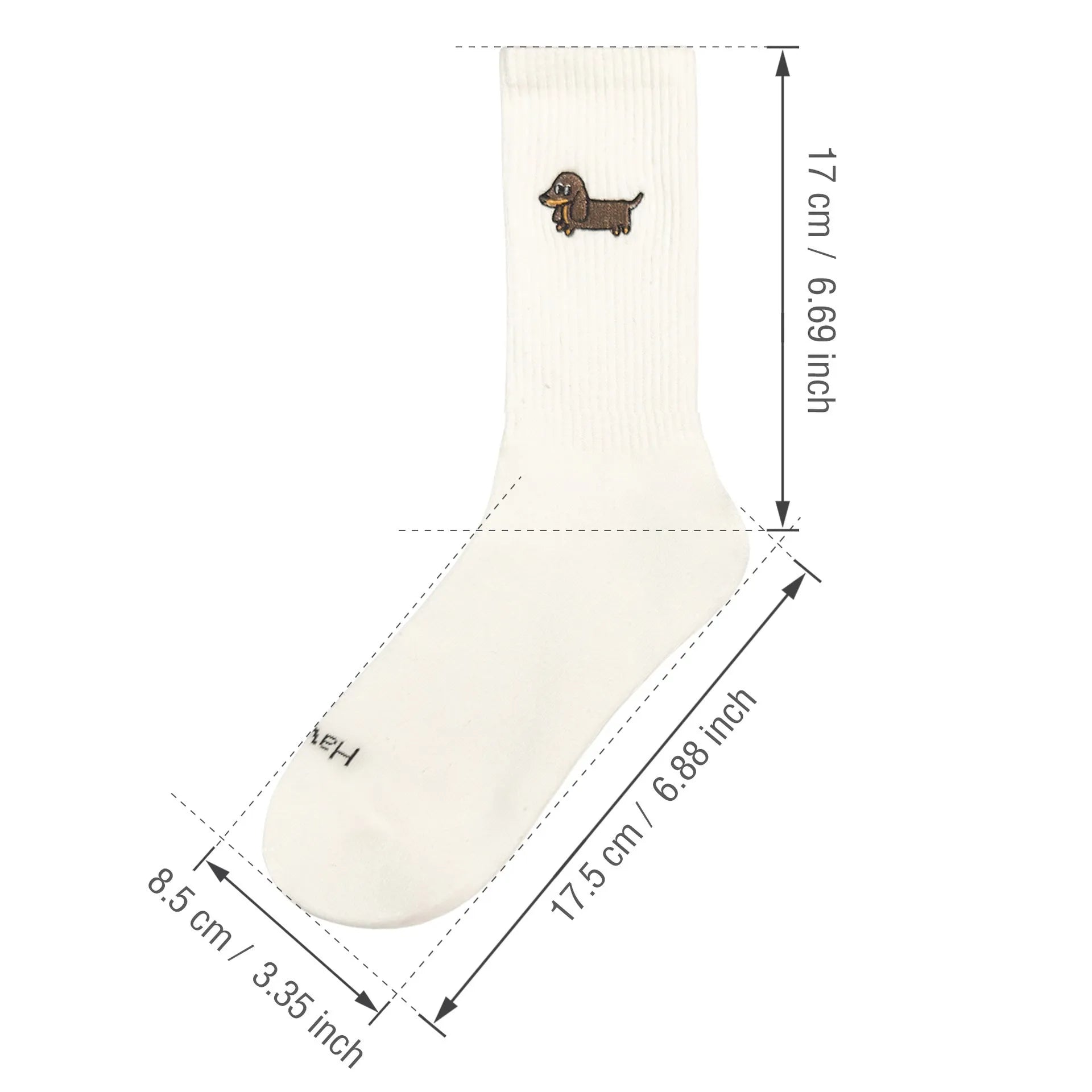 White cotton tube socks with printed Corgi dog pattern on a white background