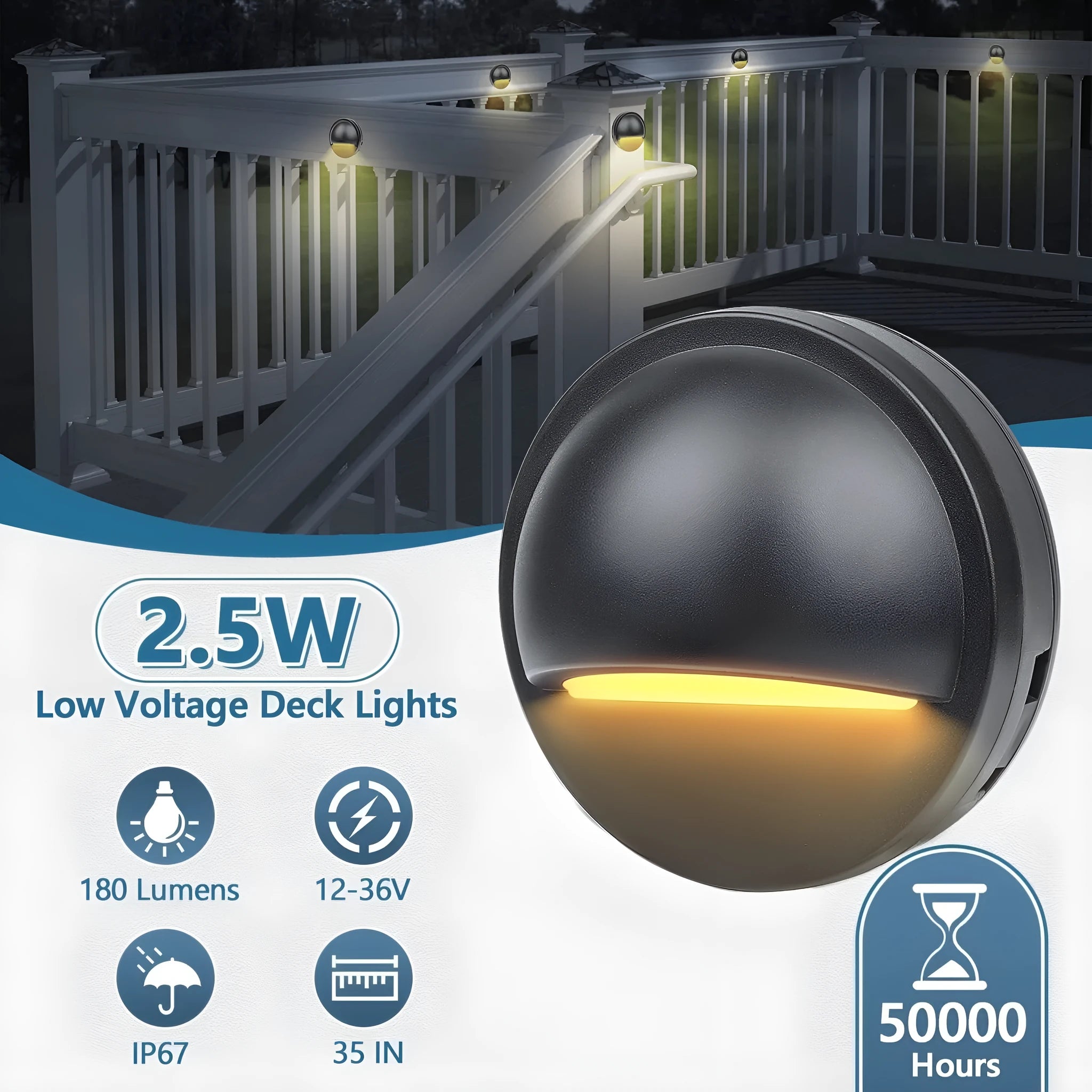 Compact outdoor low-voltage step light with aluminium and plastic housing, shown in a garden setting.