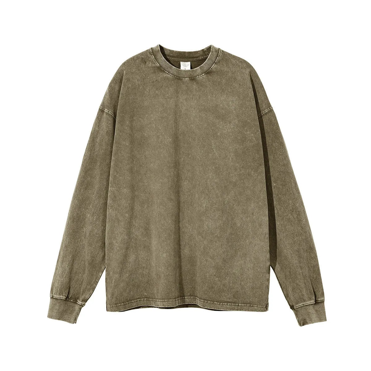 Man wearing a vintage washed batik-colour cotton long sleeve pullover with a loose, relaxed fit.