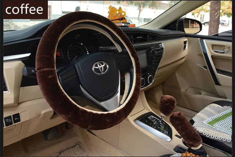 Winter wool plush steering wheel cover in 38cm diameter three-piece set with elastic band option, available in multiple colours including beige, black, and brown