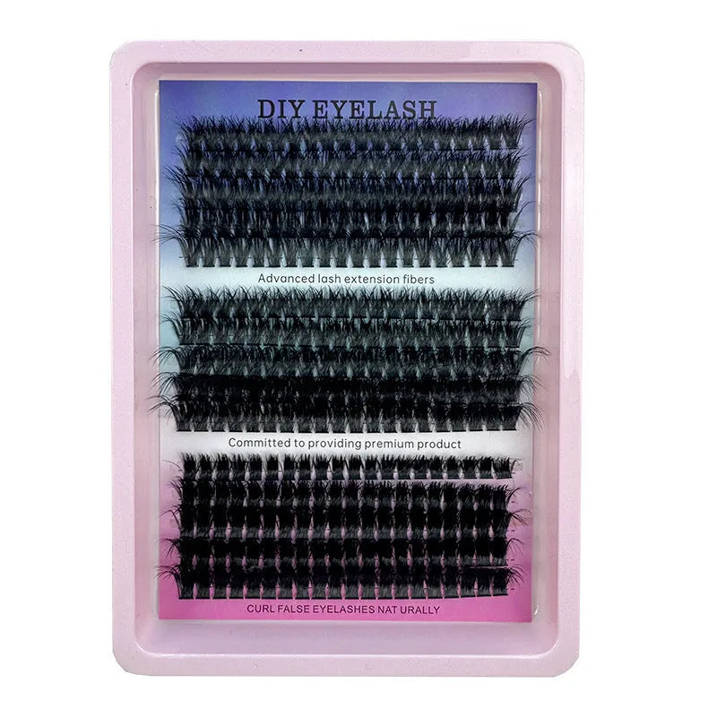 False eyelash storage box with mixed eyelashes inside, showing dimensions of 13.7cm by 13.5cm