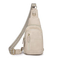 Small brown PU leather crossbody bag with sewing thread details and zip compartments