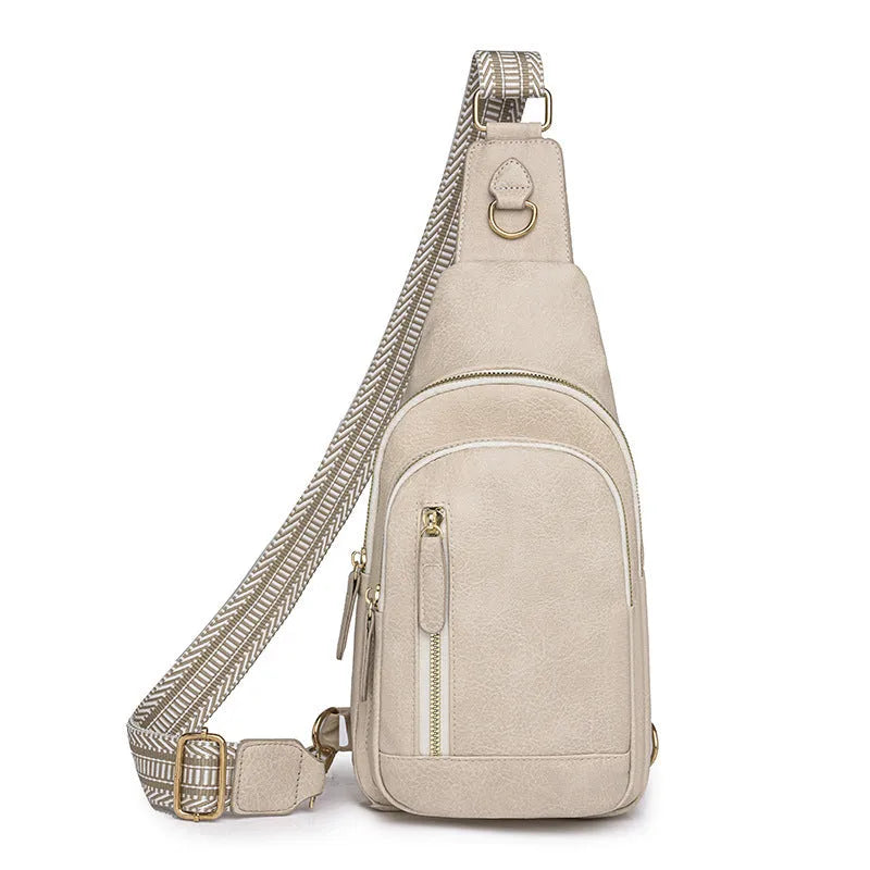 Small brown PU leather crossbody bag with sewing thread details and zip compartments