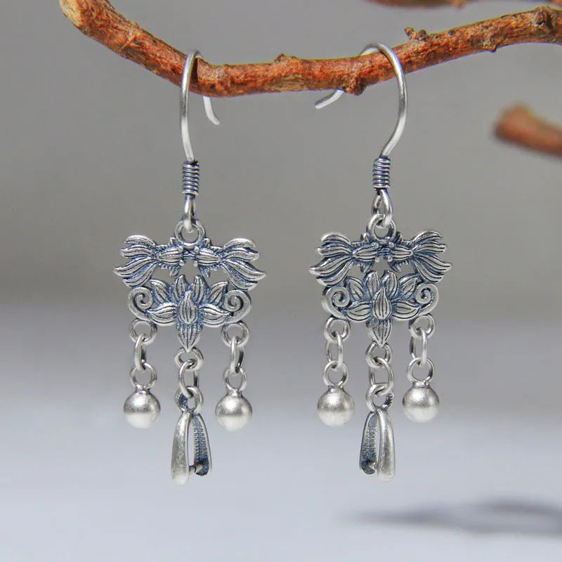 925 silver koi fish earrings handmade retro ethnic style ear hook women's sterling silver jewellery
